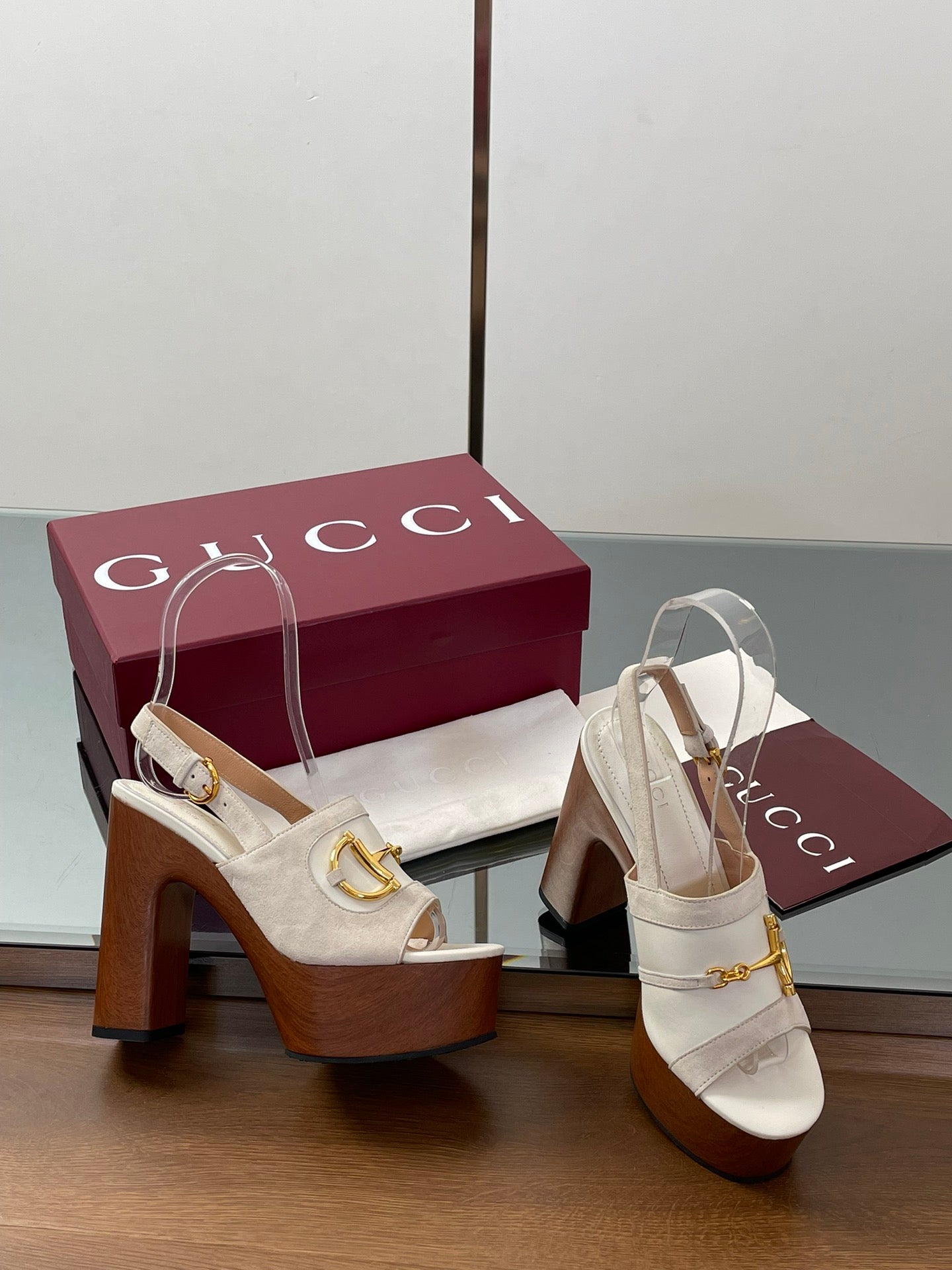 GUCCI HIGH HEEL SANDALS 13 CM IN CREAM WHITE CALFSKIN MIX SUEDUE GOLD HARDWARE
