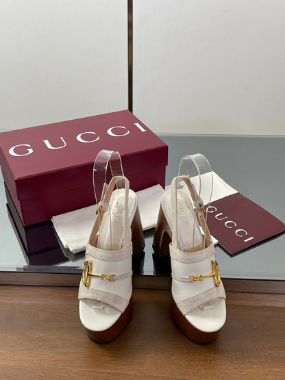 GUCCI HIGH HEEL SANDALS 13 CM IN CREAM WHITE CALFSKIN MIX SUEDUE GOLD HARDWARE