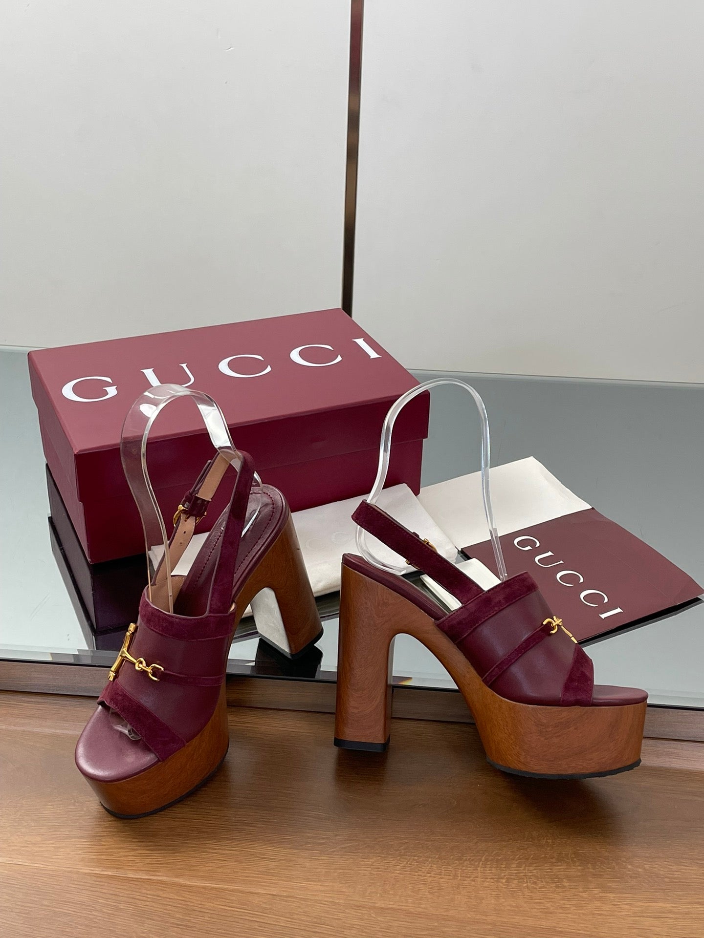 GUCCI HIGH HEEL SANDALS 13 CM IN DARK RED CALFSKIN MIX SUEDUE GOLD HARDWARE