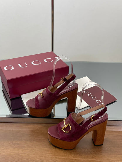 GUCCI HIGH HEEL SANDALS 13 CM IN DARK RED CALFSKIN MIX SUEDUE GOLD HARDWARE