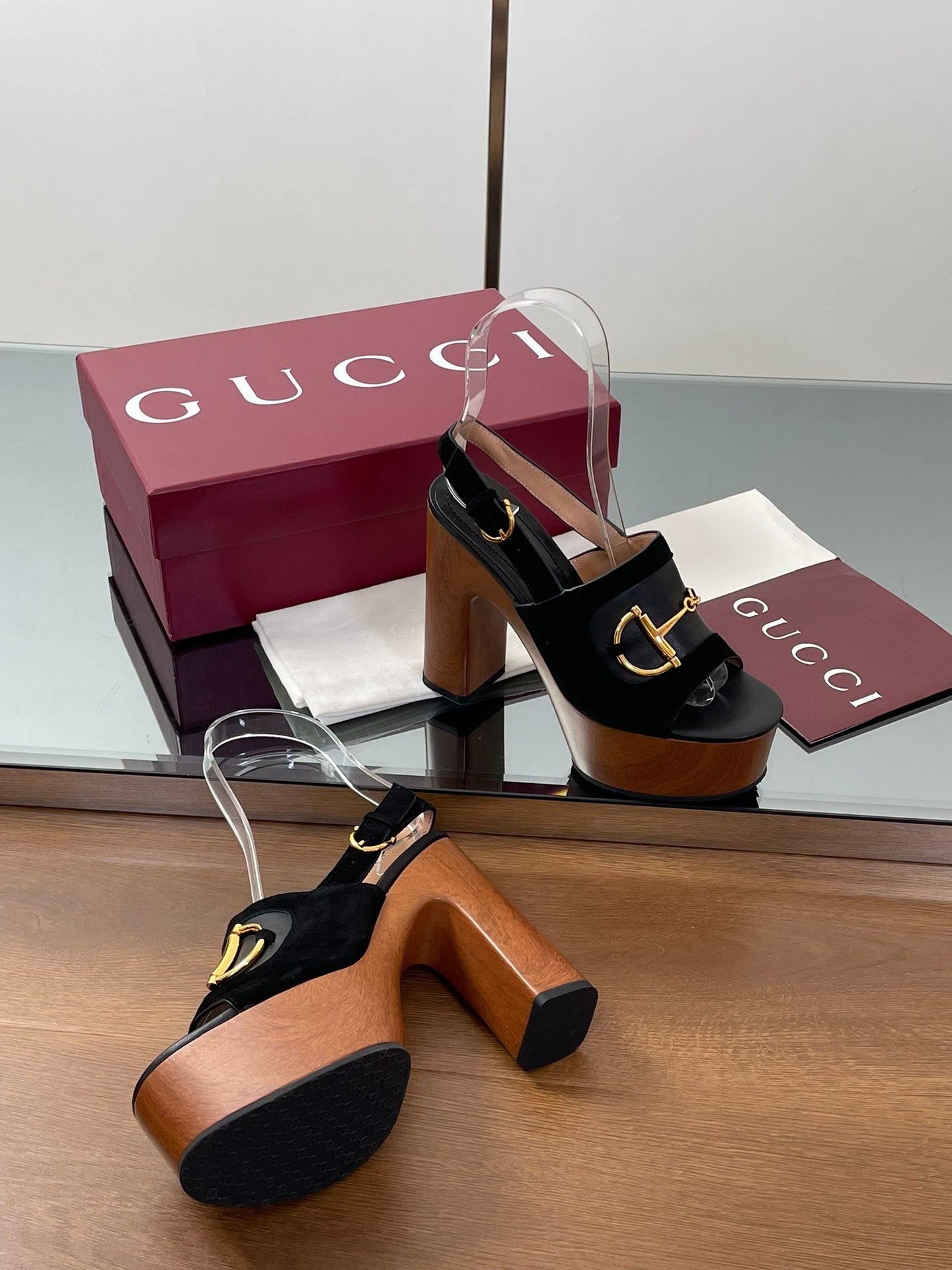 GUCCI HIGH HEEL SANDALS 13 CM IN BLACK CALFSKIN MIX SUEDUE GOLD HARDWARE