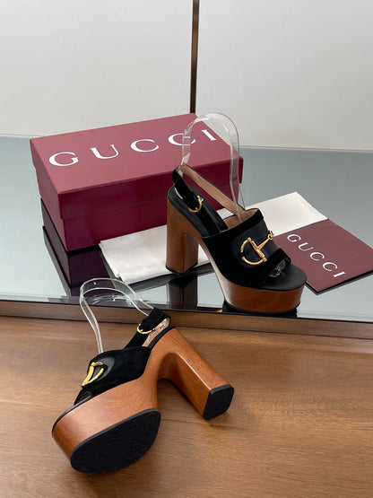 GUCCI HIGH HEEL SANDALS 13 CM IN BLACK CALFSKIN MIX SUEDUE GOLD HARDWARE
