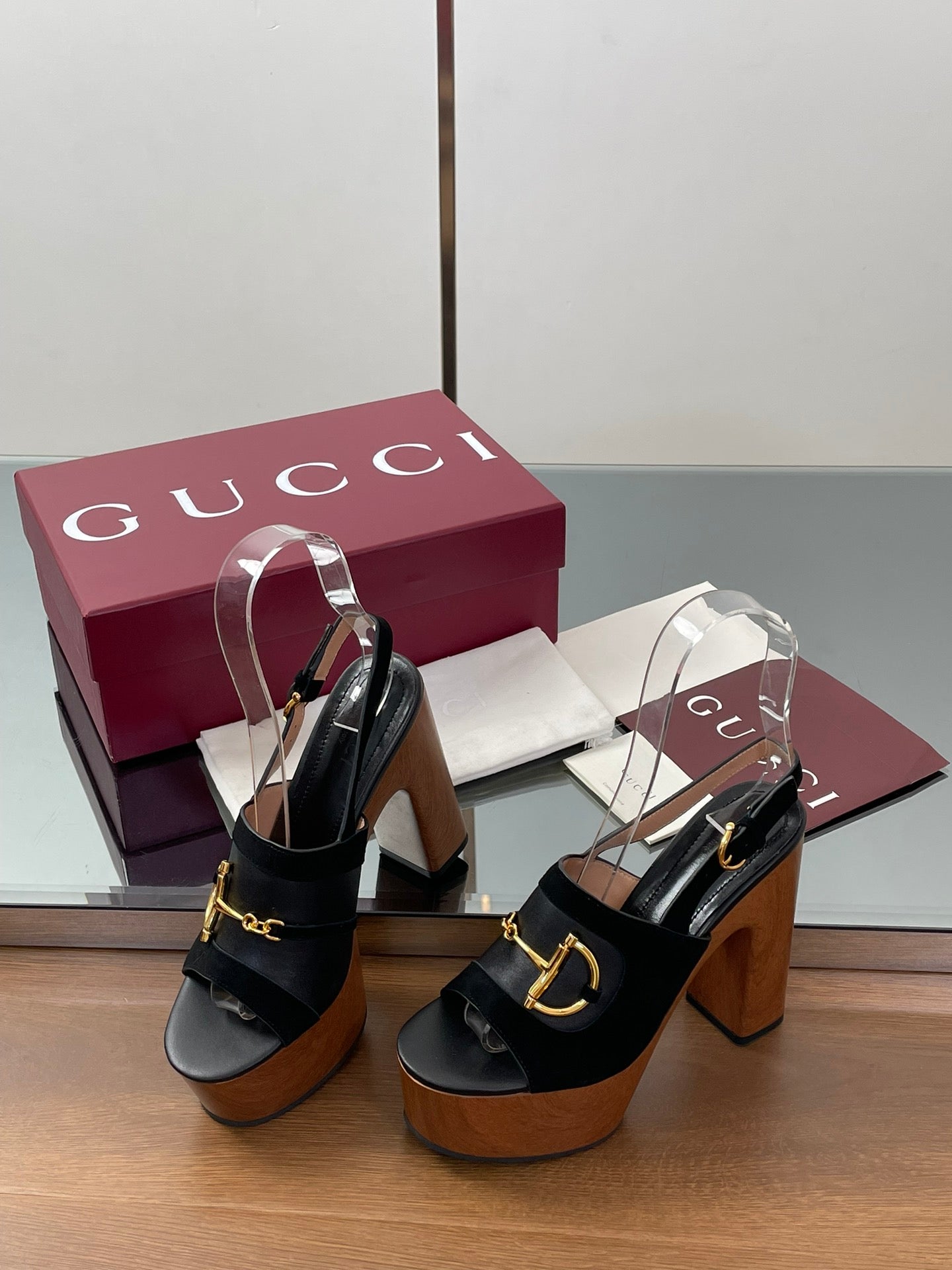 GUCCI HIGH HEEL SANDALS 13 CM IN BLACK CALFSKIN MIX SUEDUE GOLD HARDWARE