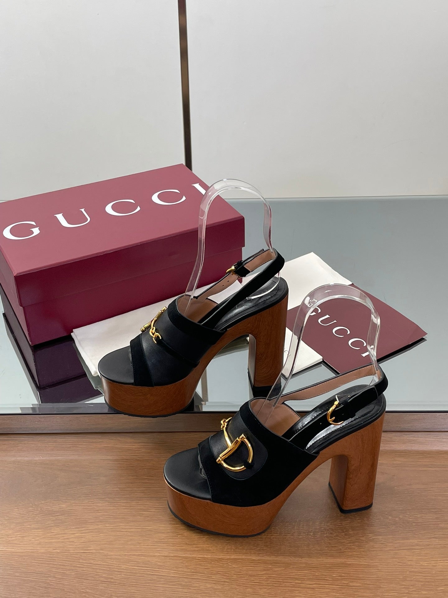 GUCCI HIGH HEEL SANDALS 13 CM IN BLACK CALFSKIN MIX SUEDUE GOLD HARDWARE