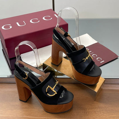 GUCCI HIGH HEEL SANDALS 13 CM IN BLACK CALFSKIN MIX SUEDUE GOLD HARDWARE