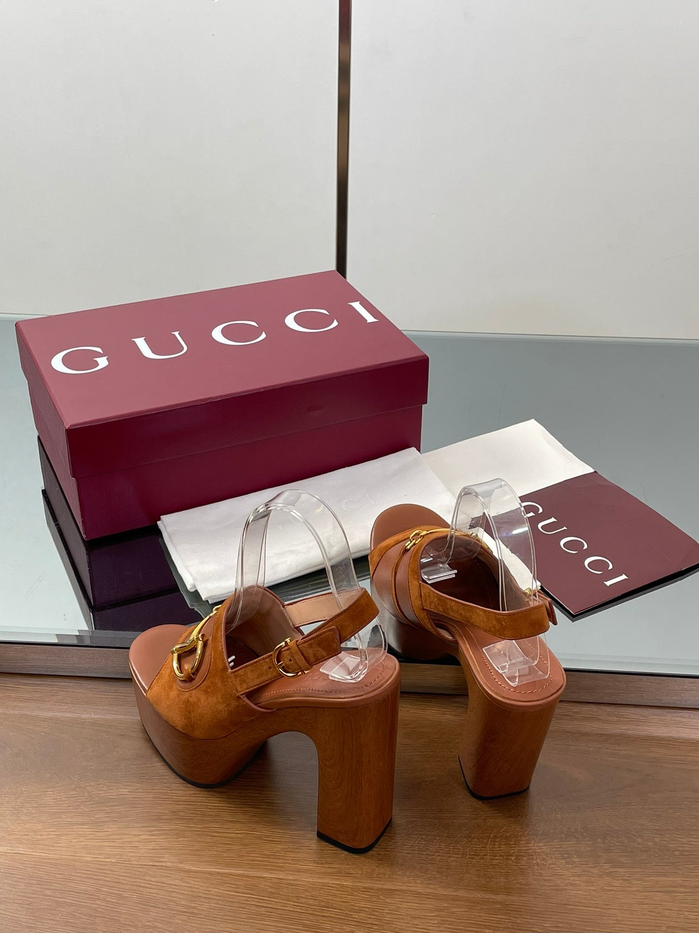 GUCCI HIGH HEEL SANDALS 13 CM IN BROWN CALFSKIN MIX SUEDUE GOLD HARDWARE