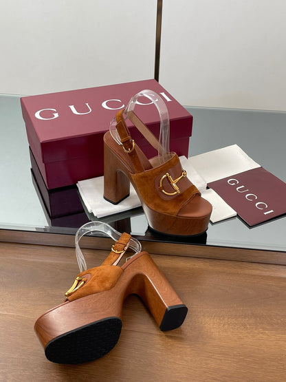 GUCCI HIGH HEEL SANDALS 13 CM IN BROWN CALFSKIN MIX SUEDUE GOLD HARDWARE