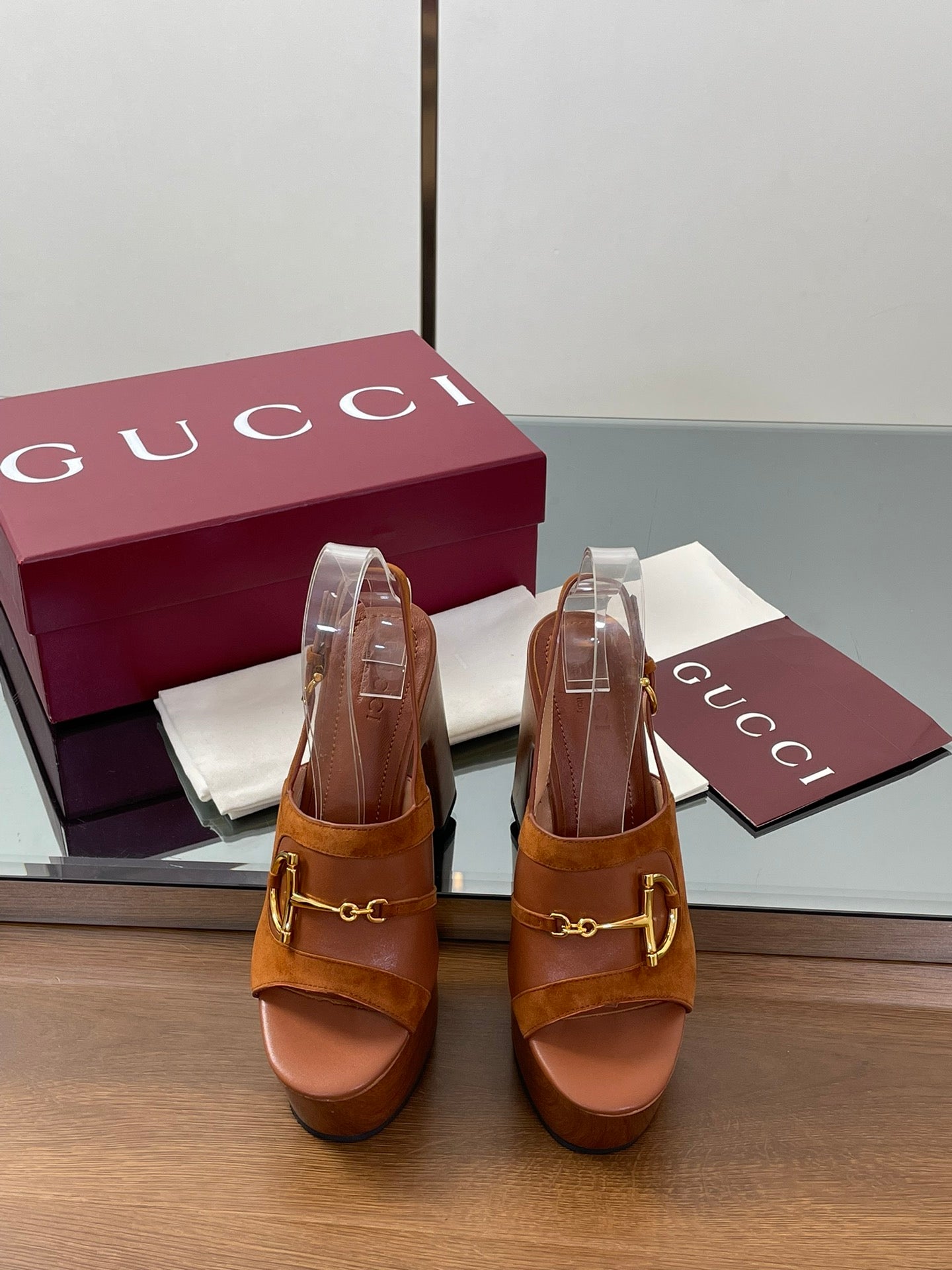 GUCCI HIGH HEEL SANDALS 13 CM IN BROWN CALFSKIN MIX SUEDUE GOLD HARDWARE