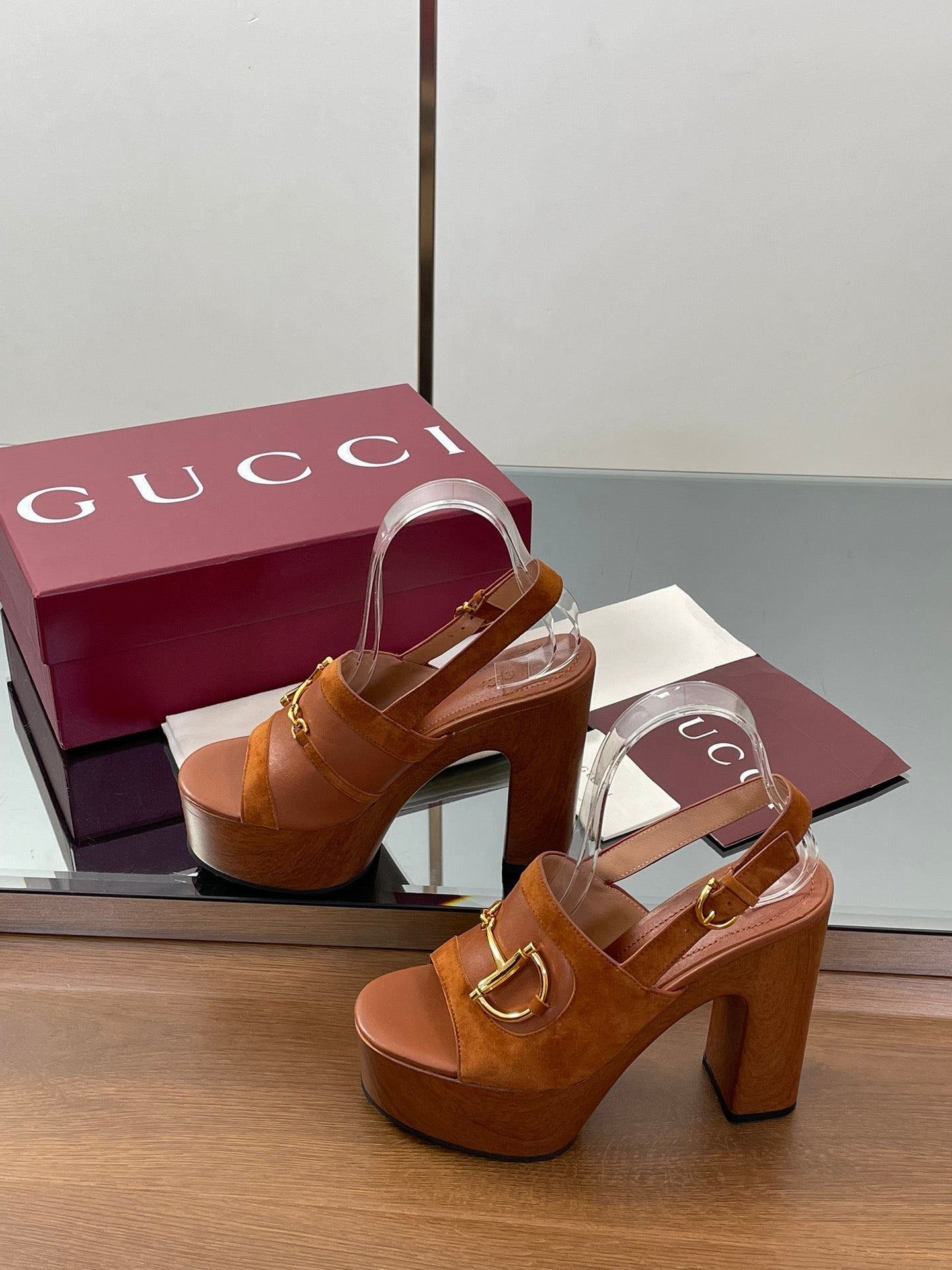 GUCCI HIGH HEEL SANDALS 13 CM IN BROWN CALFSKIN MIX SUEDUE GOLD HARDWARE