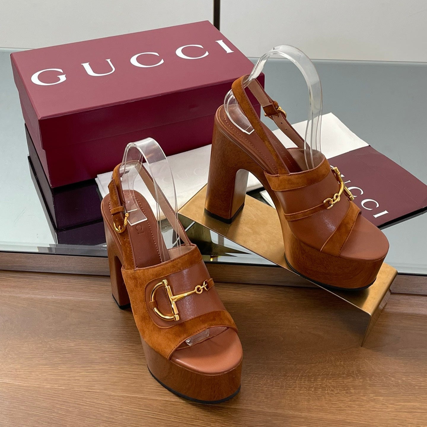 GUCCI HIGH HEEL SANDALS 13 CM IN BROWN CALFSKIN MIX SUEDUE GOLD HARDWARE