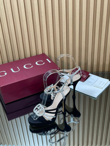 GUCCI 26S HIGH-HEELED SANDALS 125 MM IN BLACK SATIN AND SILVER CALFSKIN