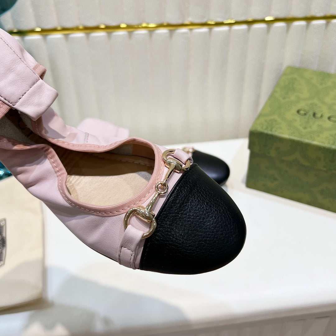 GUCCI BALLET SUPER SLIM BUCKLE PASTEL PINK AND BLACK LAMBSKIN