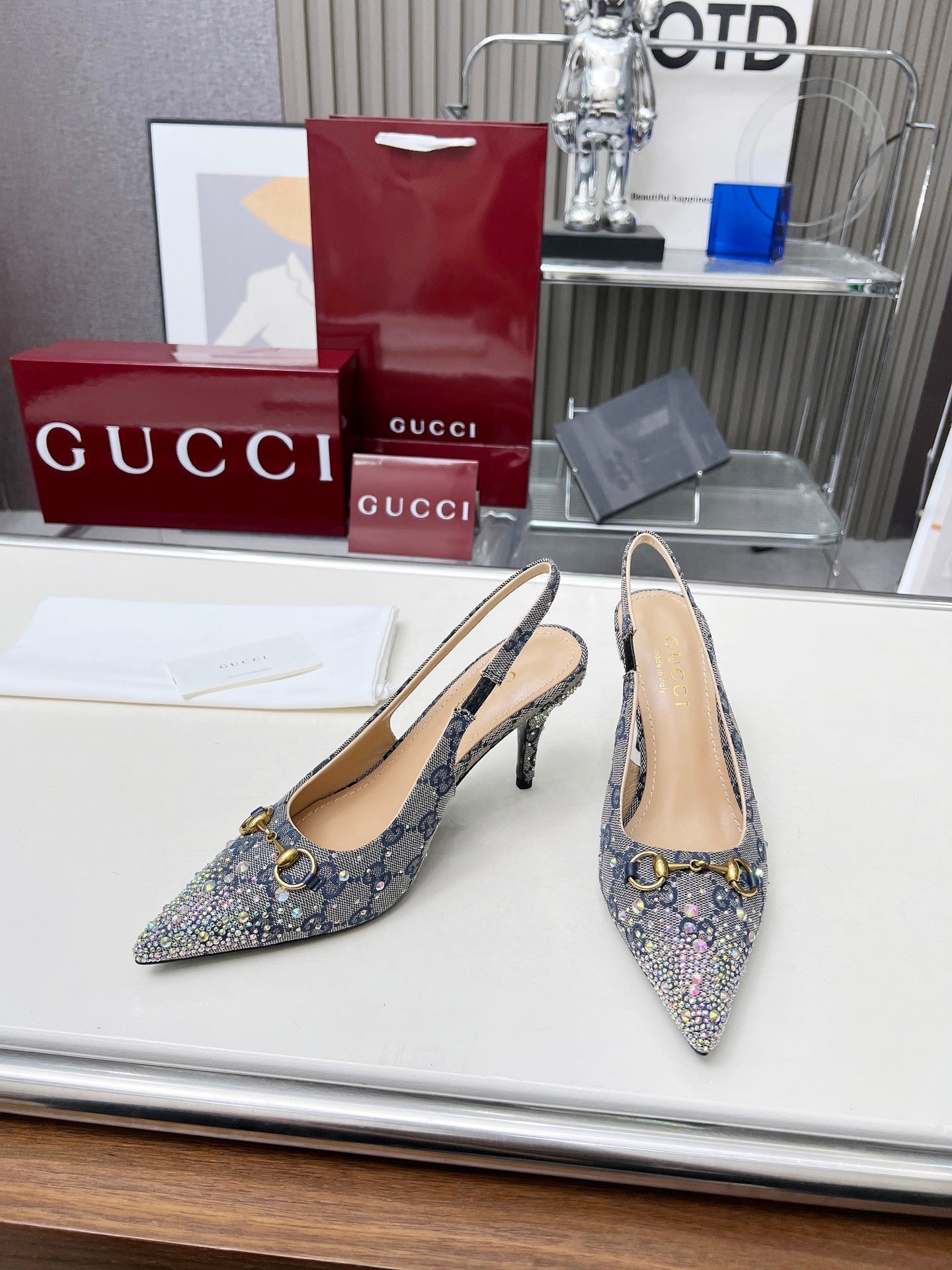 GUCCI HORSEBIT SLINGBACKS IN DOVE GRAY MONOGRAM FABRIC WITH CRYSTALS