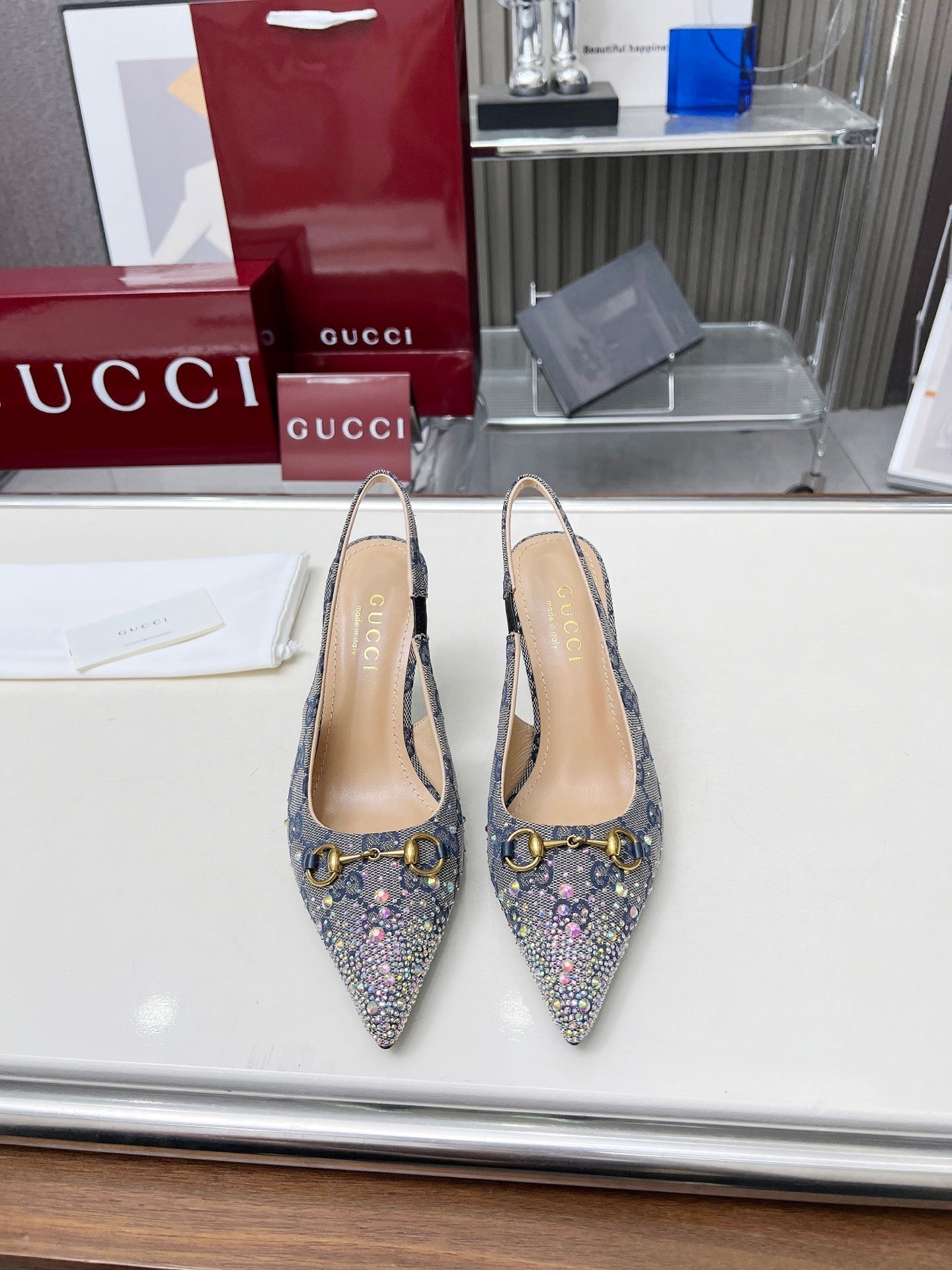 GUCCI HORSEBIT SLINGBACKS IN DOVE GRAY MONOGRAM FABRIC WITH CRYSTALS