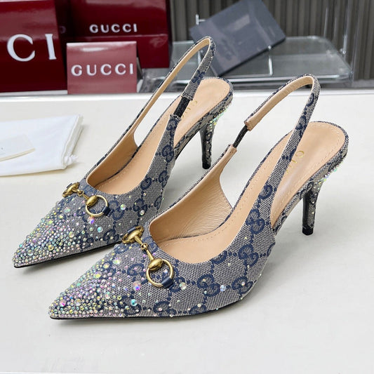 GUCCI HORSEBIT SLINGBACKS IN DOVE GRAY MONOGRAM FABRIC WITH CRYSTALS