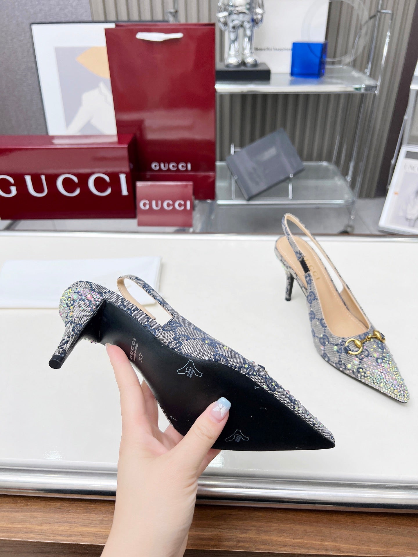 GUCCI HORSEBIT SLINGBACKS IN DOVE GRAY MONOGRAM FABRIC WITH CRYSTALS