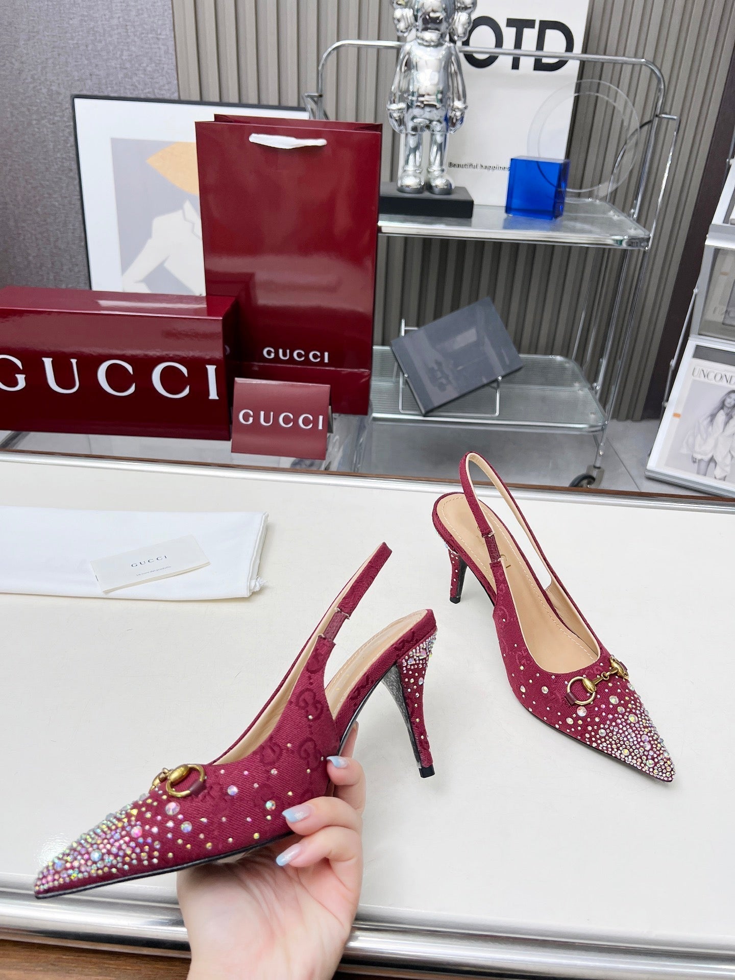 GUCCI HORSEBIT SLINGBACKS IN CHERRY RED MONOGRAM FABRIC WITH CRYSTALS