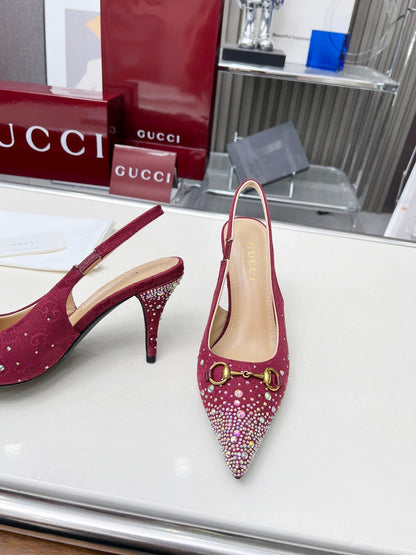 GUCCI HORSEBIT SLINGBACKS IN CHERRY RED MONOGRAM FABRIC WITH CRYSTALS