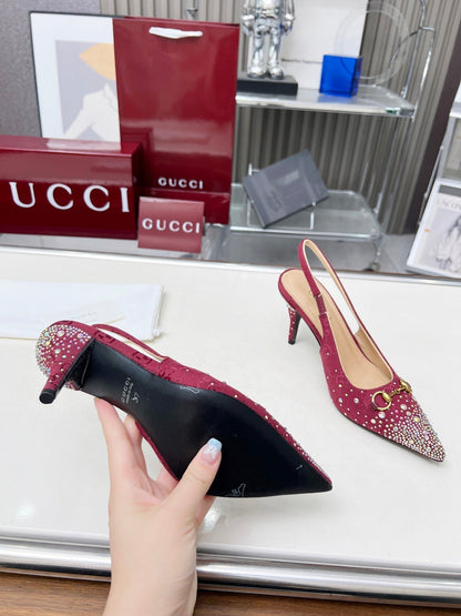 GUCCI HORSEBIT SLINGBACKS IN CHERRY RED MONOGRAM FABRIC WITH CRYSTALS