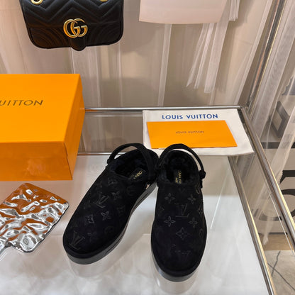 LOUIS VUITTON LV WOMEN'S COSY FLAT COMFORT CLOGS IN BLACK MONOGRAM SUEDE