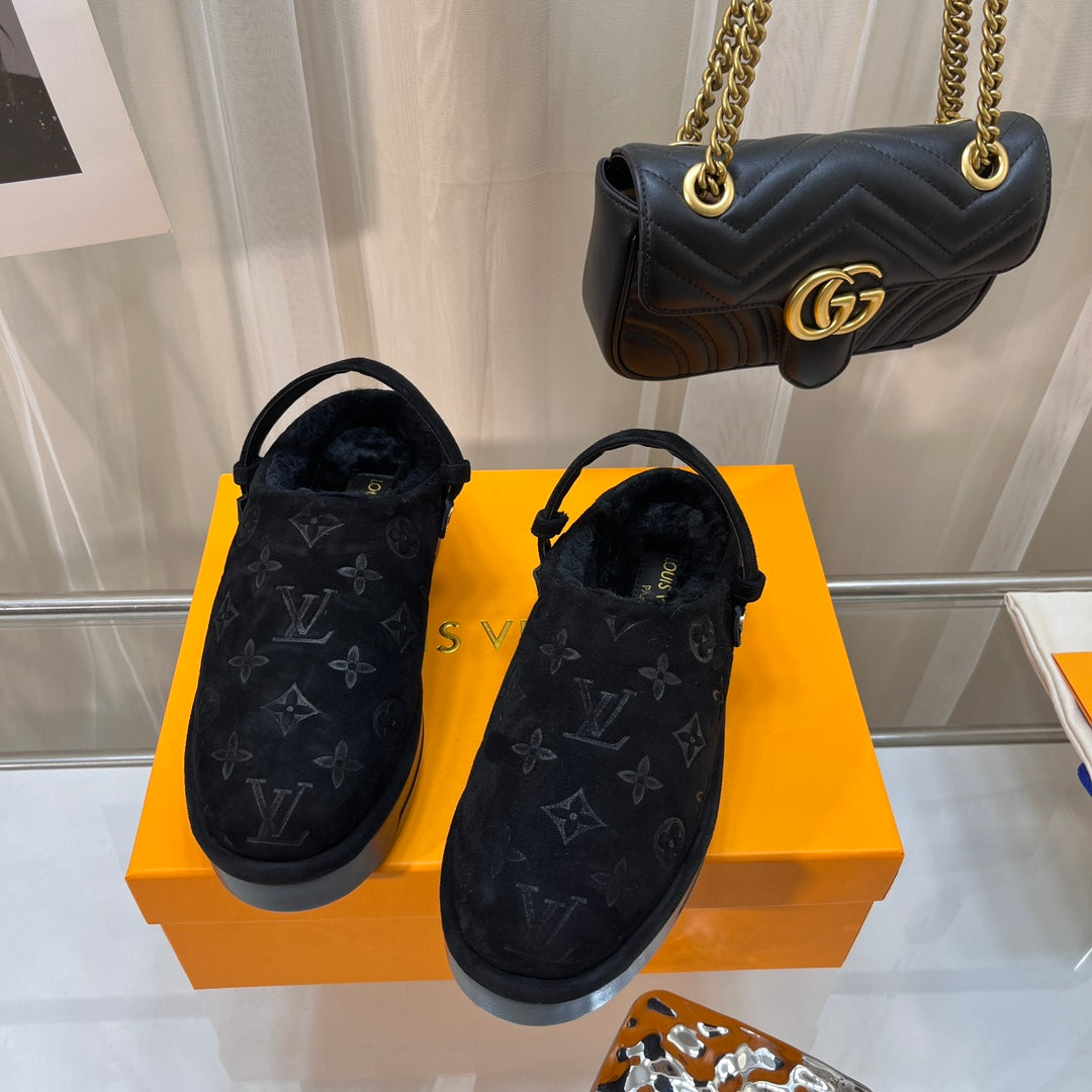 LOUIS VUITTON LV WOMEN'S COSY FLAT COMFORT CLOGS IN BLACK MONOGRAM SUEDE