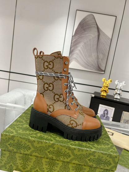 GUCCI LACE-UP SHORT BOOTS IN CINNAMON BROWN CANVAS MIX CALFSKIN