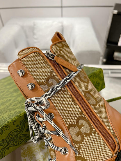 GUCCI LACE-UP SHORT BOOTS IN CINNAMON BROWN CANVAS MIX CALFSKIN