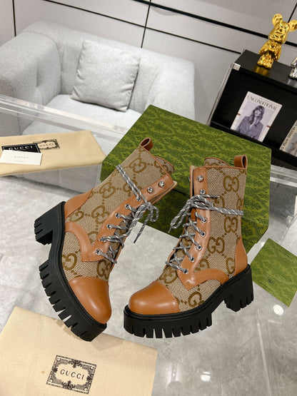GUCCI LACE-UP SHORT BOOTS IN CINNAMON BROWN CANVAS MIX CALFSKIN