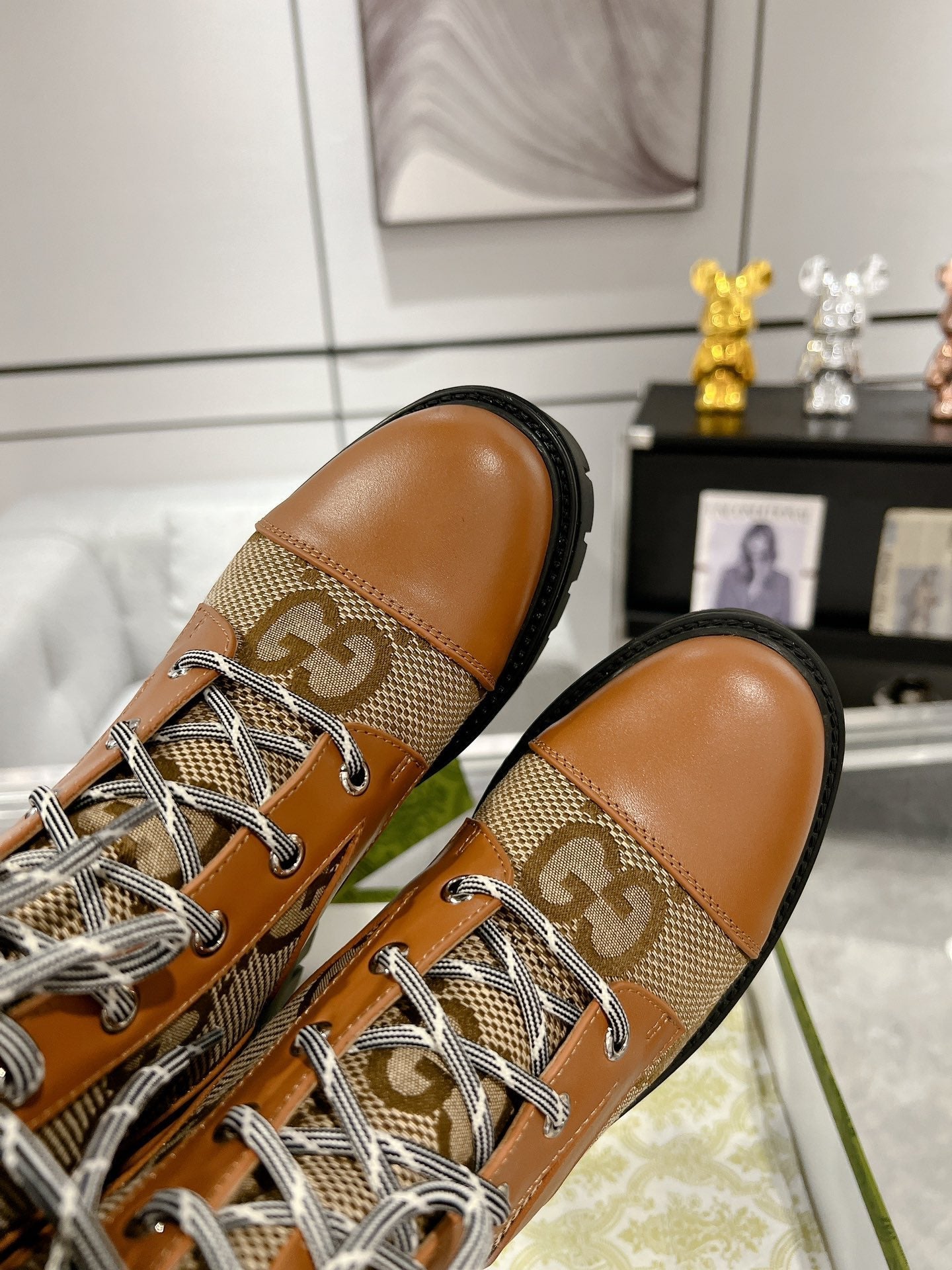 GUCCI LACE-UP SHORT BOOTS IN CINNAMON BROWN CANVAS MIX CALFSKIN
