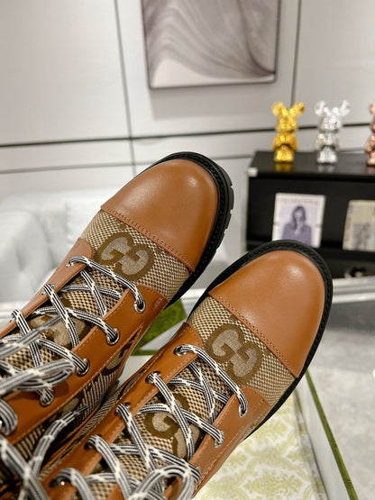 GUCCI LACE-UP SHORT BOOTS IN CINNAMON BROWN CANVAS MIX CALFSKIN