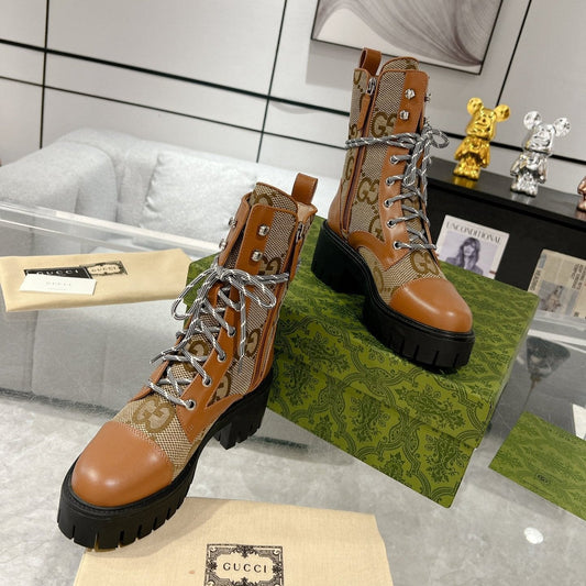 GUCCI LACE-UP SHORT BOOTS IN CINNAMON BROWN CANVAS MIX CALFSKIN