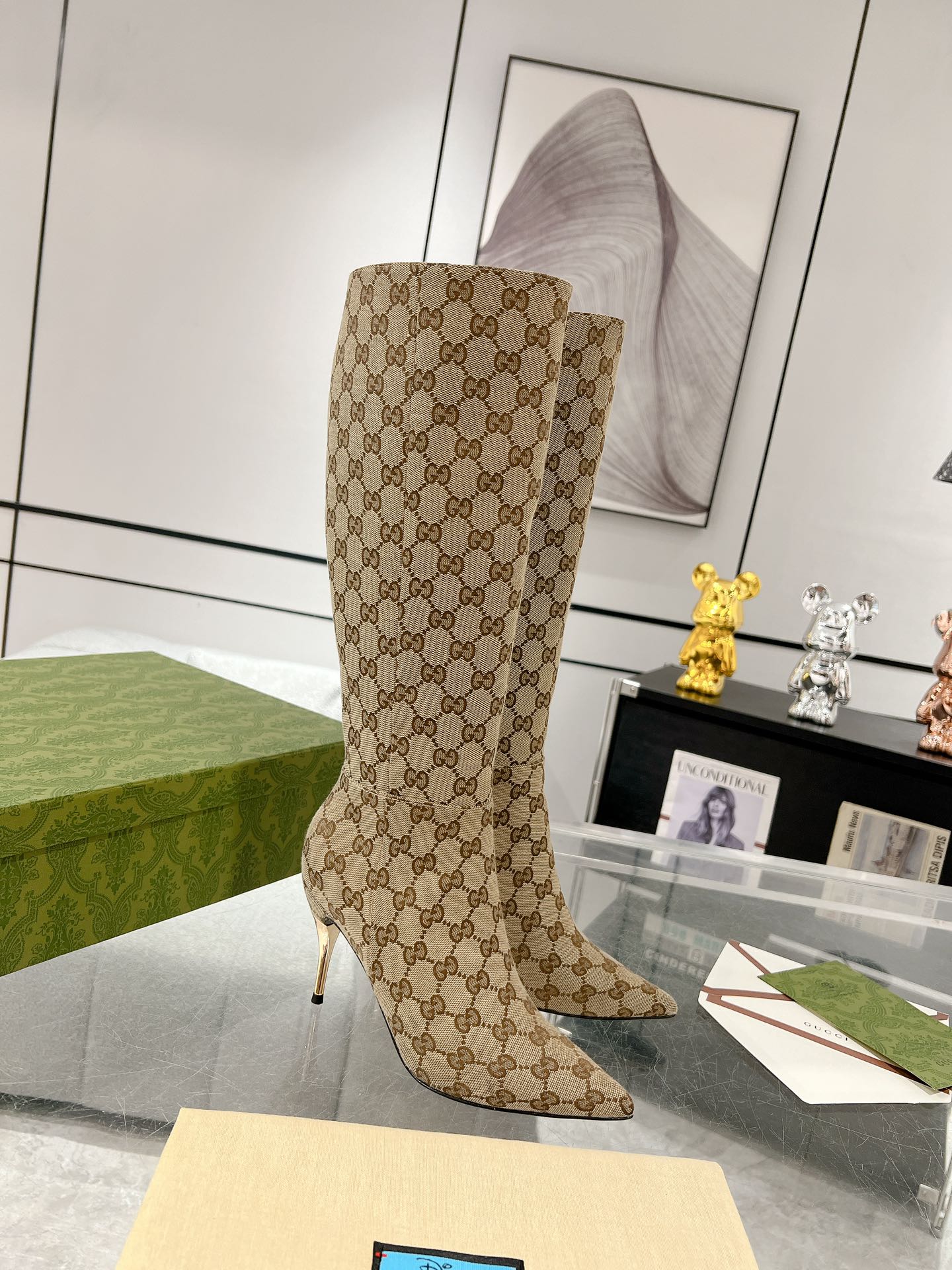 GUCCI KNEE BOOTS IN BEIGE MONOGRAM JACQUARD FABRIC AND CALFSKIN LINING