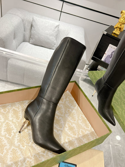 GUCCI KNEE BOOTS IN BLACK CALFSKIN WITH GOLD PLATED HEEL