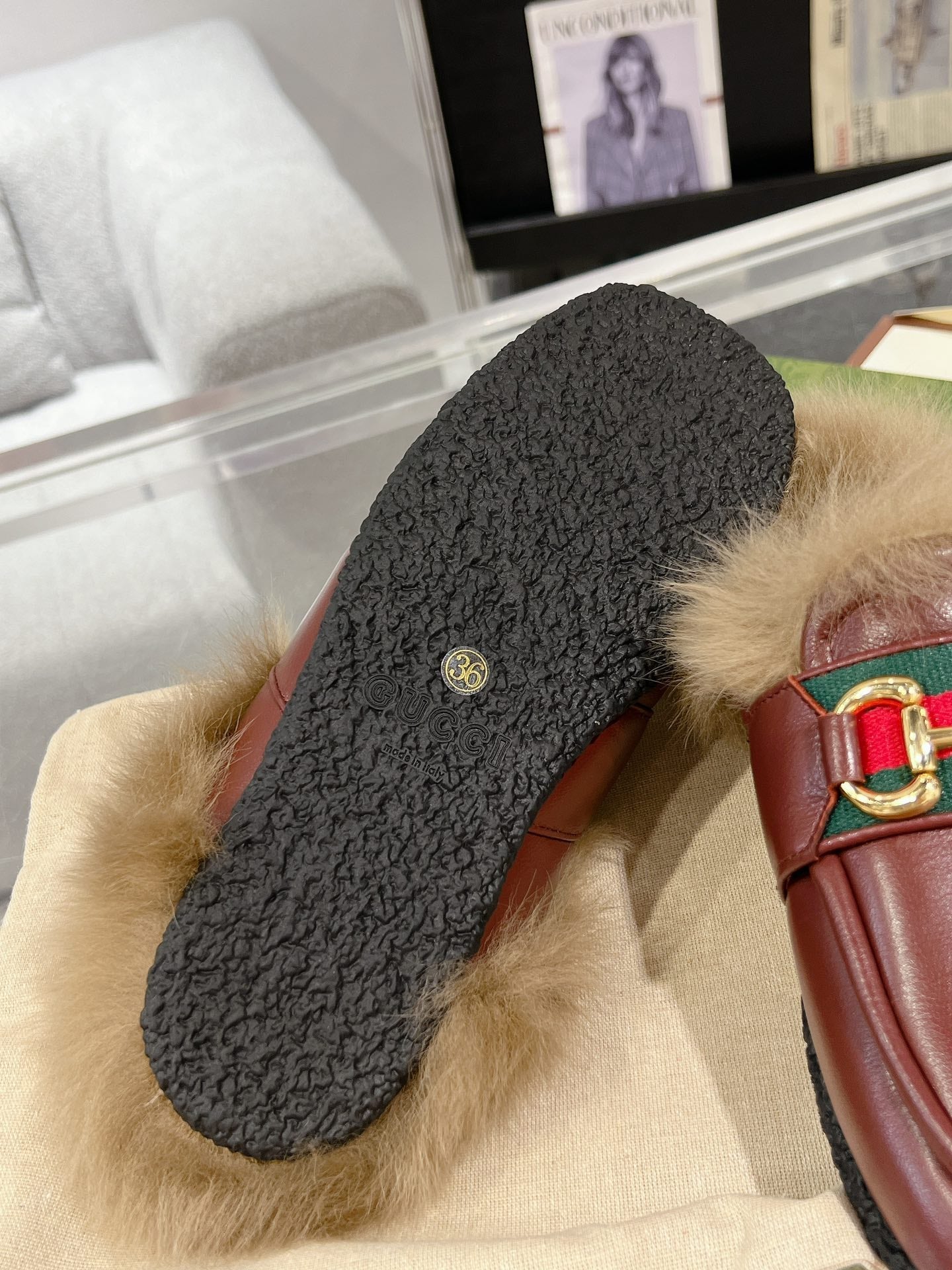 GUCCI HORSEBIT MULE WITH WEB IN WINE RED CALFSKIN MIX MINK FUR