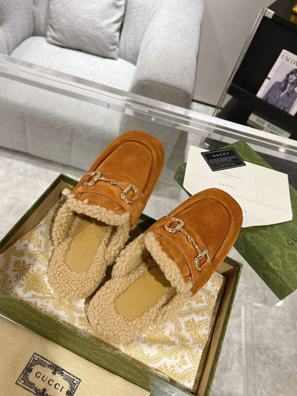 GUCCI HORSEBIT MULE IN BRONZE ORANGE SUEDE AND FLEECE LINING