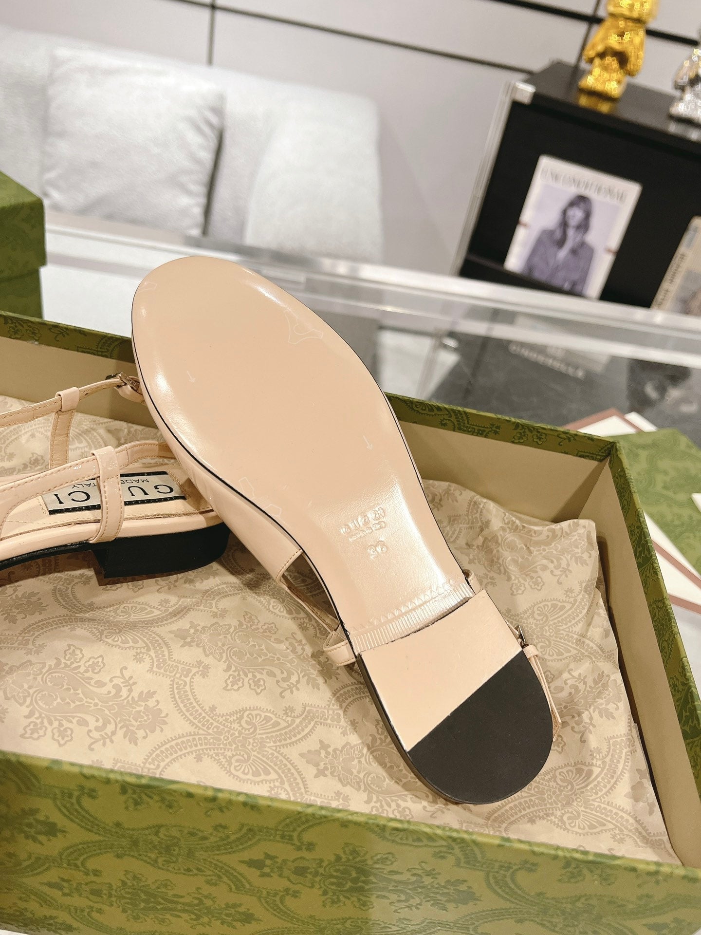 GUCCI CRYSTALS SLINGBACK BALLET CREAM CALFSKIN