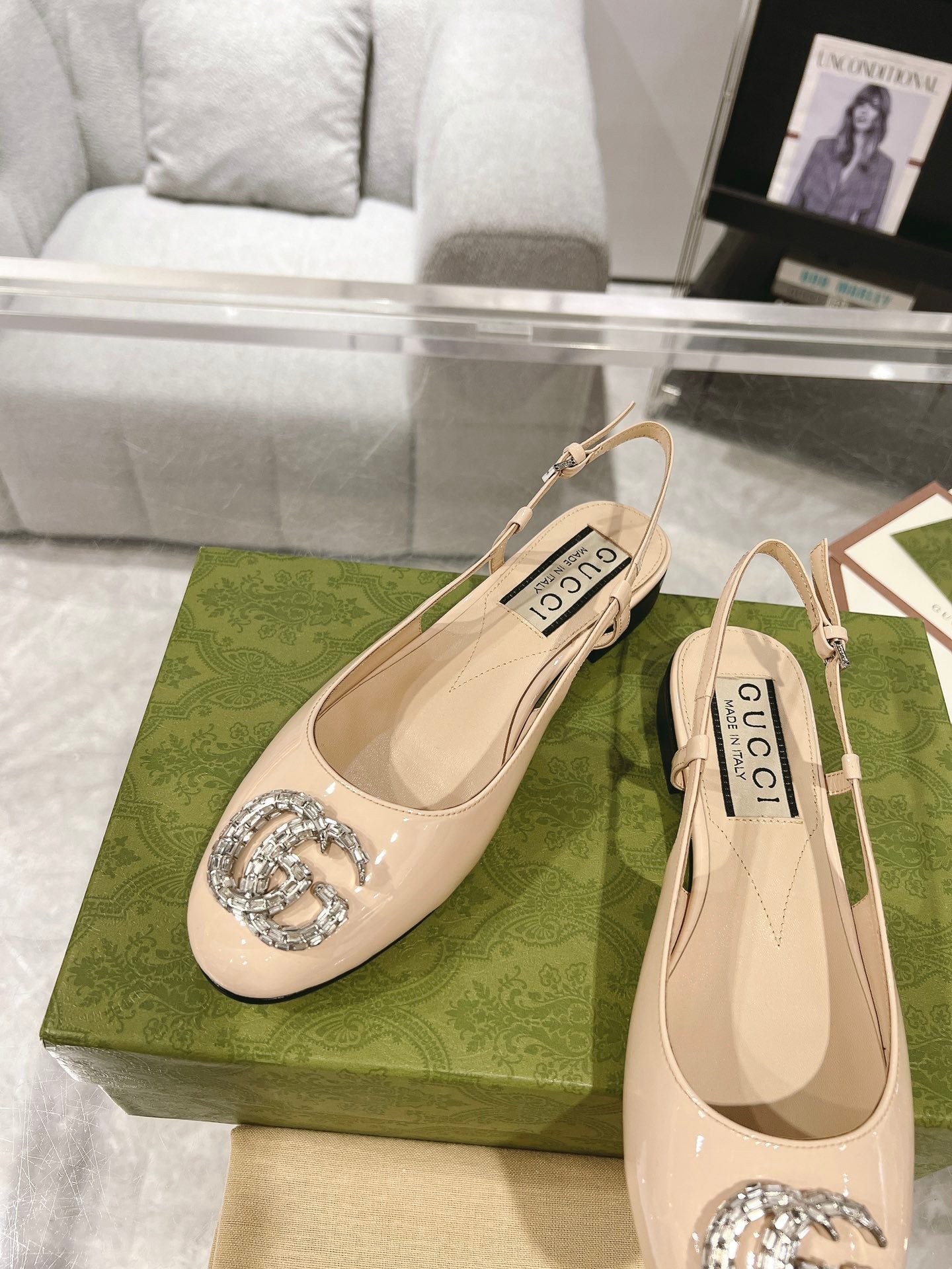 GUCCI CRYSTALS SLINGBACK BALLET CREAM CALFSKIN