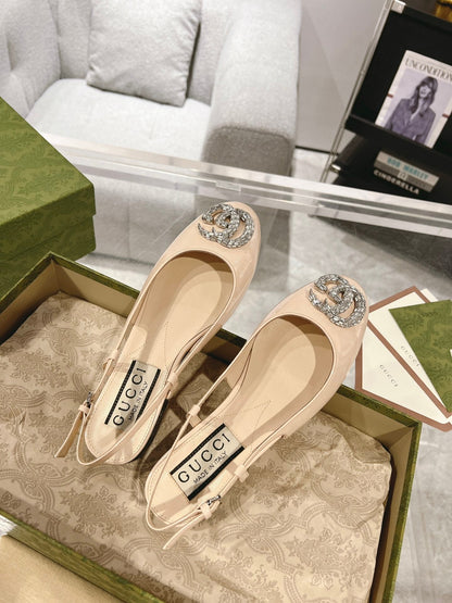 GUCCI CRYSTALS SLINGBACK BALLET CREAM CALFSKIN