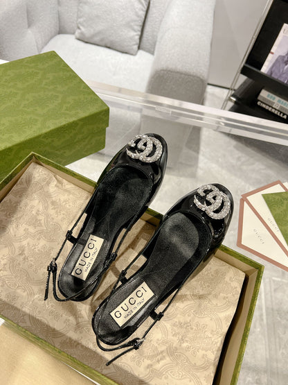 GUCCI CRYSTALS SLINGBACK BALLET BLACK CALFSKIN