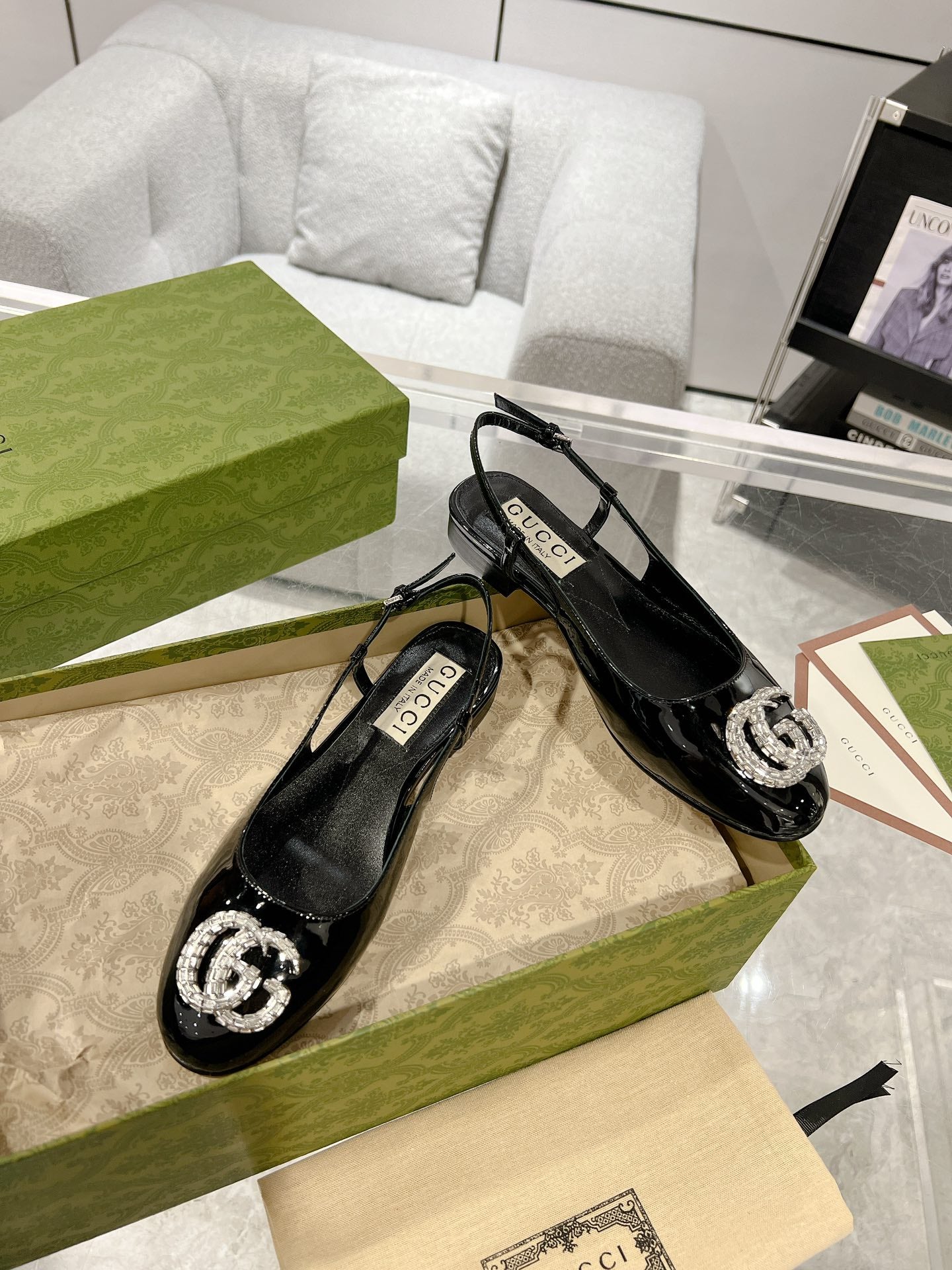 GUCCI CRYSTALS SLINGBACK BALLET BLACK CALFSKIN