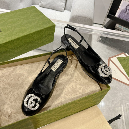 GUCCI METALIC SLINGBACK FLATS IN BLACK CALFSKIN
