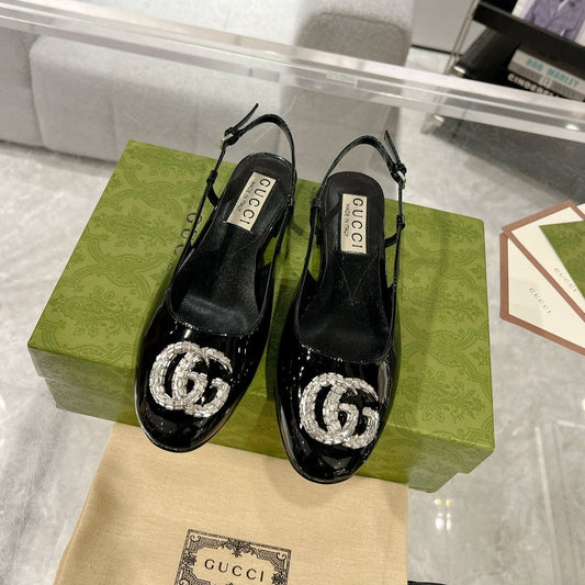 GUCCI CRYSTALS SLINGBACK BALLET BLACK CALFSKIN