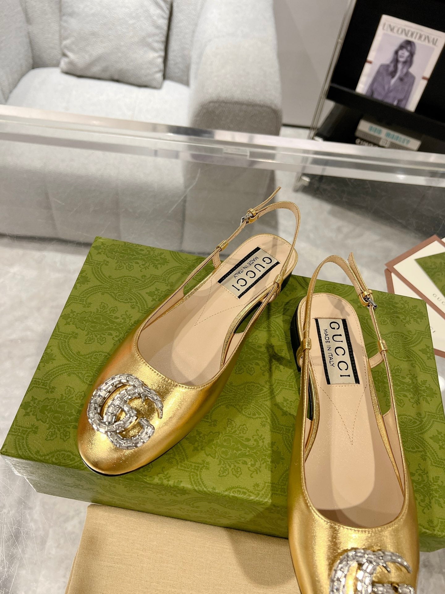 GUCCI CRYSTALS SLINGBACK BALLET METALLIC GOLD CALFSKIN