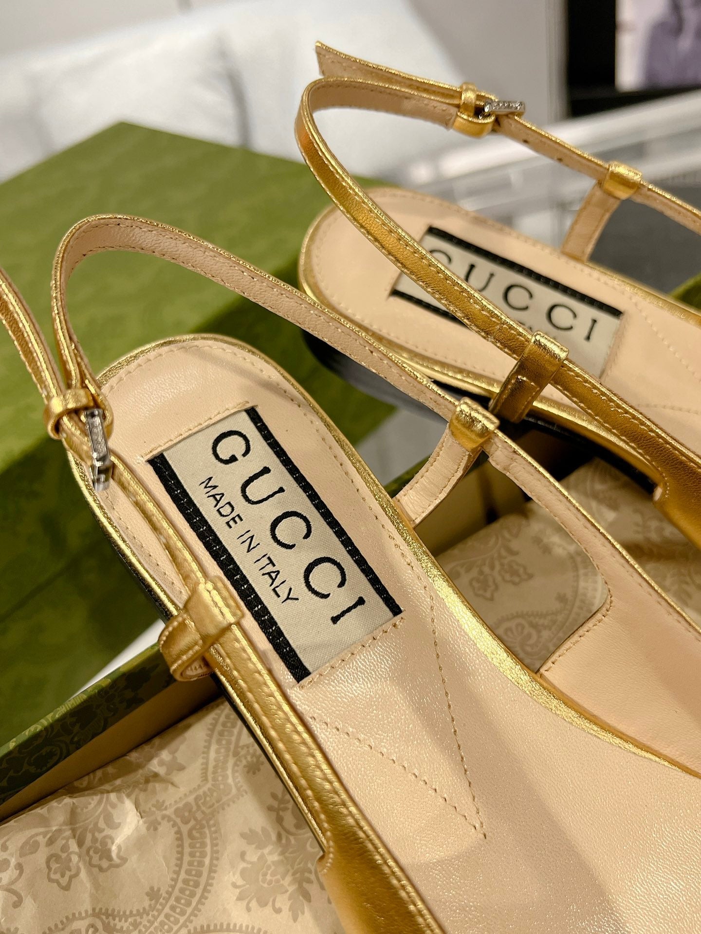 GUCCI CRYSTALS SLINGBACK BALLET METALLIC GOLD CALFSKIN