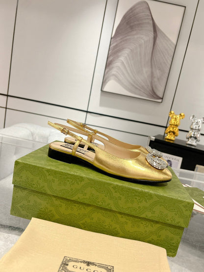 GUCCI CRYSTALS SLINGBACK BALLET METALLIC GOLD CALFSKIN