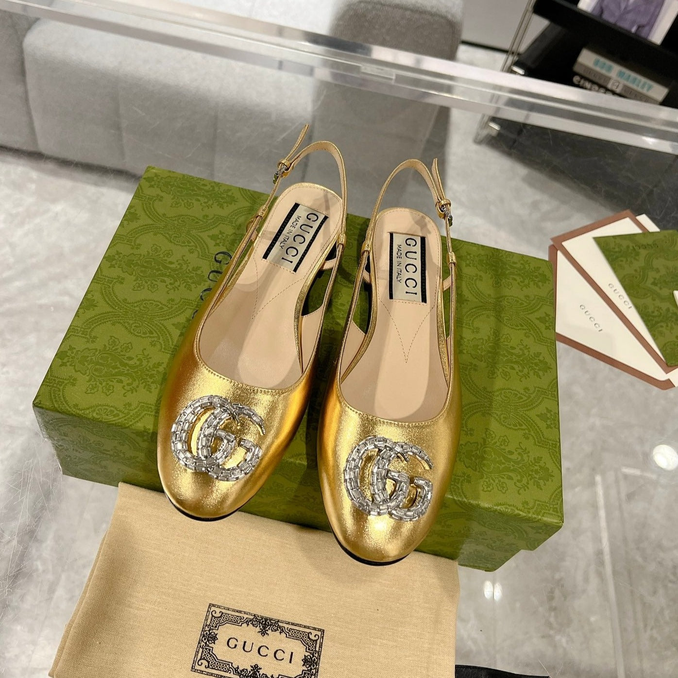 GUCCI CRYSTALS SLINGBACK BALLET METALLIC GOLD CALFSKIN
