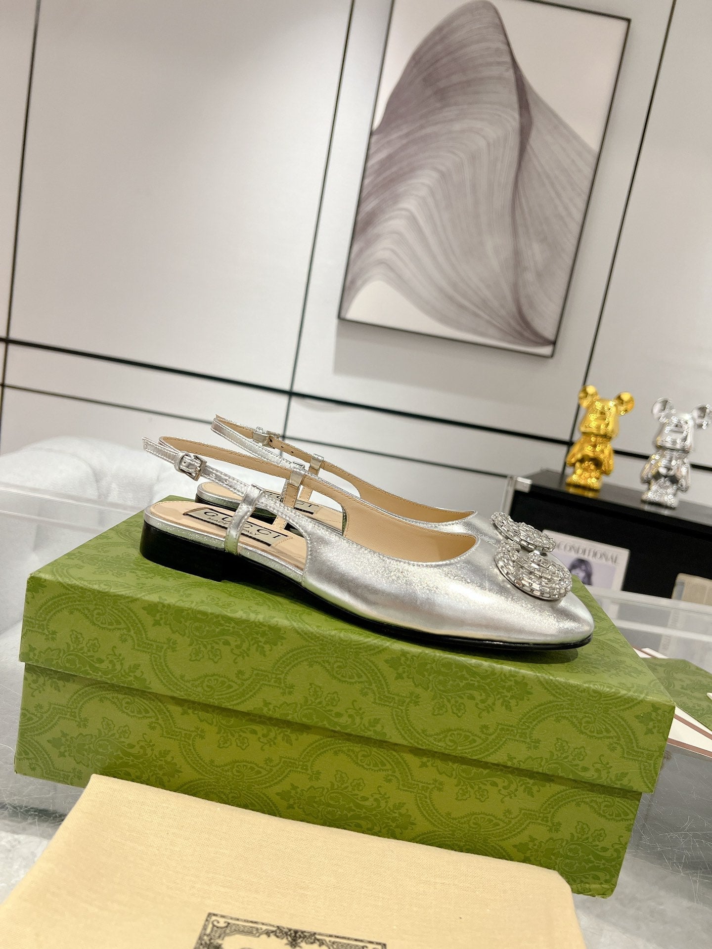 GUCCI CRYSTALS SLINGBACK BALLET SILVER CALFSKIN