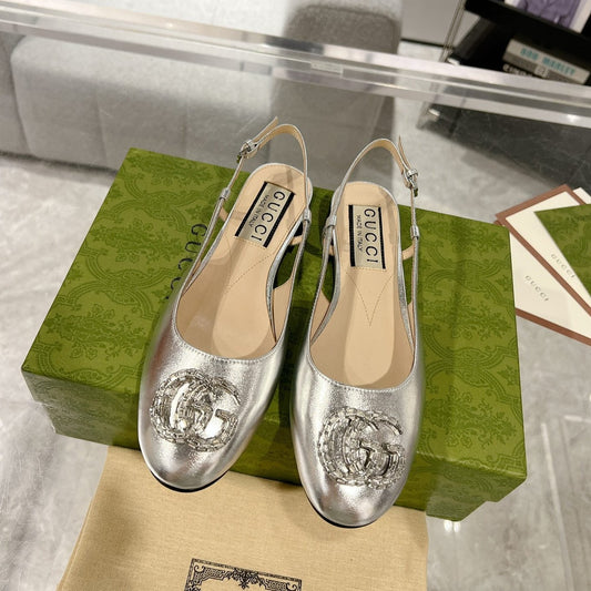 GUCCI CRYSTALS SLINGBACK BALLET SILVER CALFSKIN
