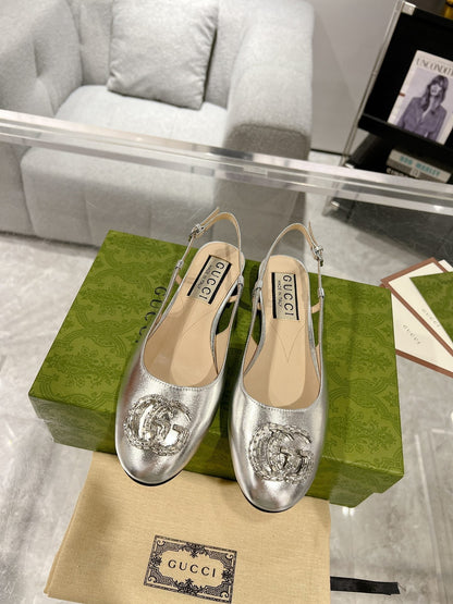 GUCCI METALIC SLINGBACK FLATS IN SILVER CALFSKIN