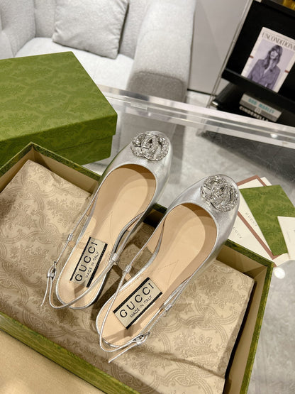 GUCCI CRYSTALS SLINGBACK BALLET SILVER CALFSKIN